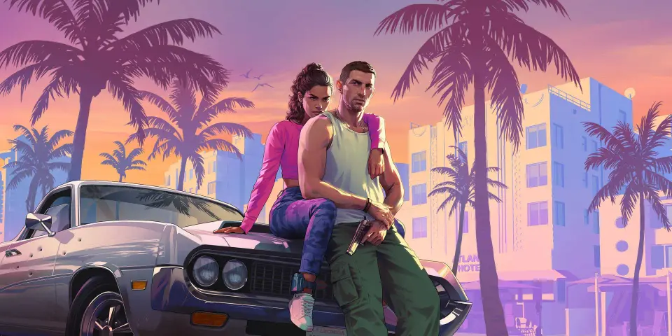 Jason and Lucia on a car in Vice City, official key art