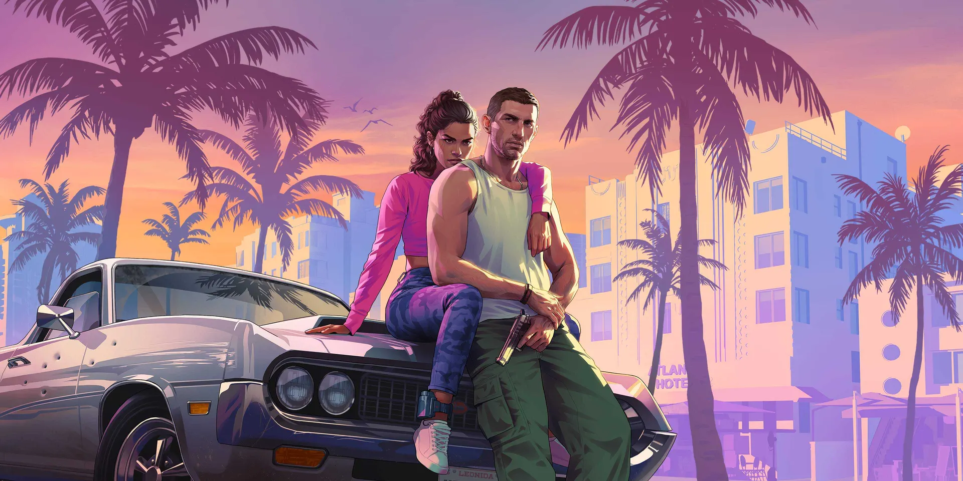 Jason and Lucia on a car in Vice City, official key art