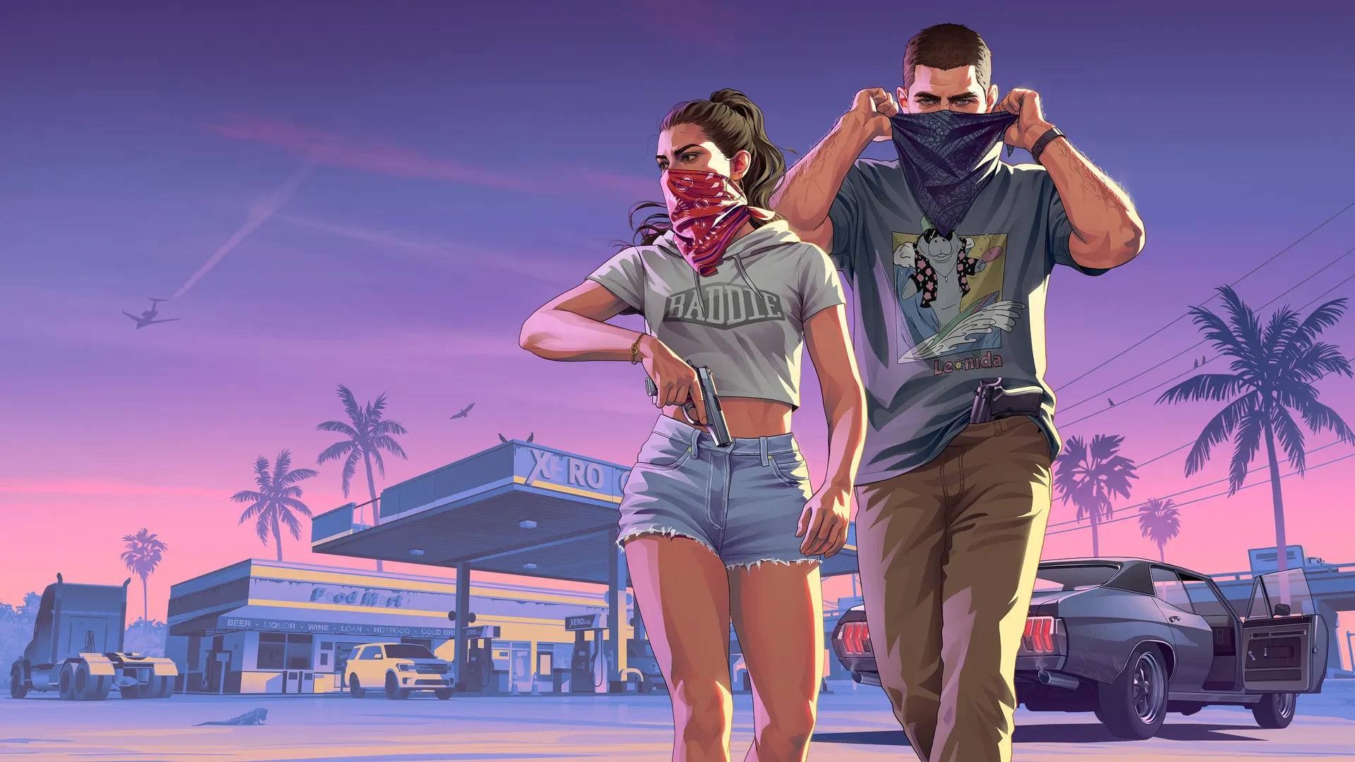 Jason and Lucia masked outside a gas station, official key art
