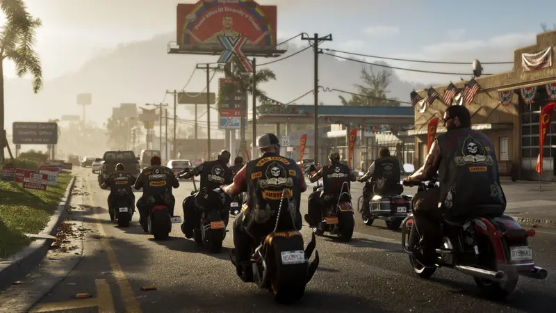 A biker gang rides through an Ambrosia town