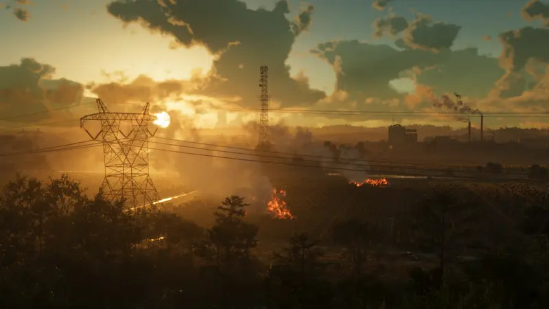 Sunset over smoking industry, power lines and a brush fire