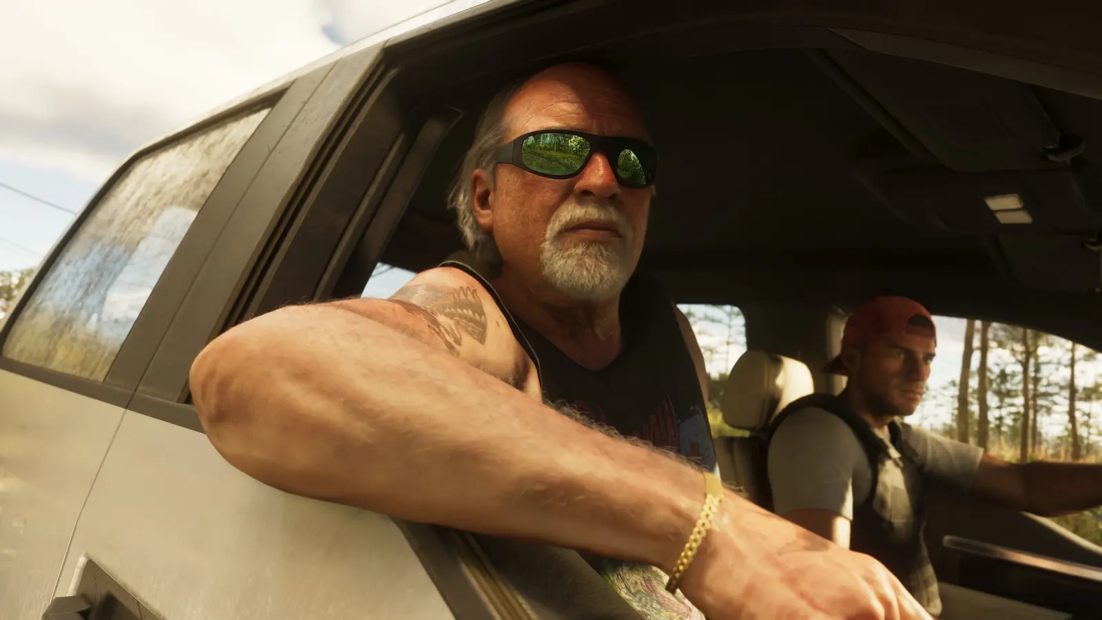 Brian Heder leaning out of his pickup in sunglasses, official GTA 6 screenshot