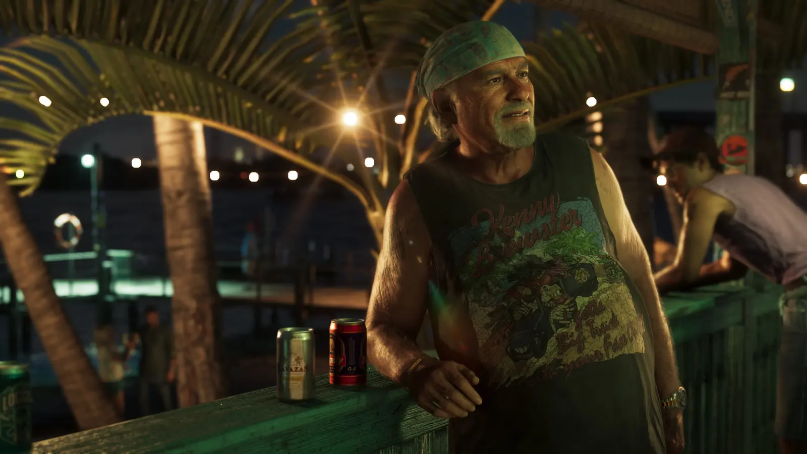 Brian Heder leaning on a bar rail at night in an official GTA 6 screenshot
