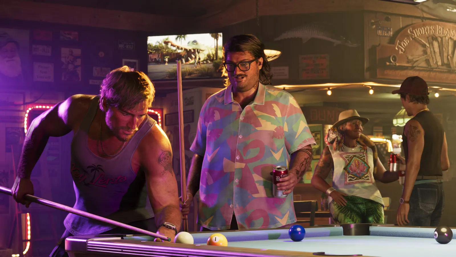 Jason lines up a pool shot while Cal Hampton and friends watch in a neon-lit bar