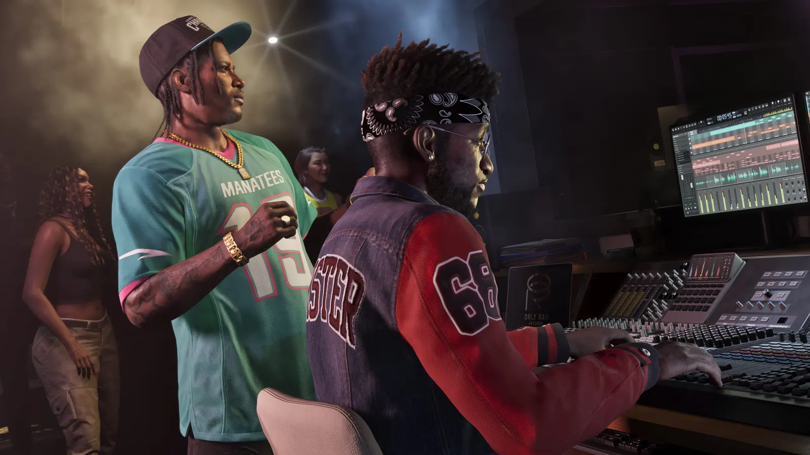 A producer works a studio mixing desk with a music session on screen, from the official Dre'Quan Priest screenshots for GTA 6