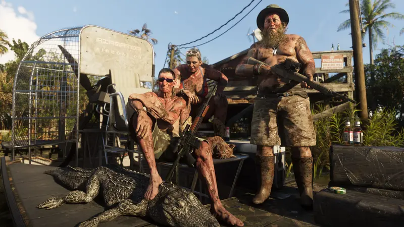 Armed gator hunters with a dead alligator on a Grassrivers dock