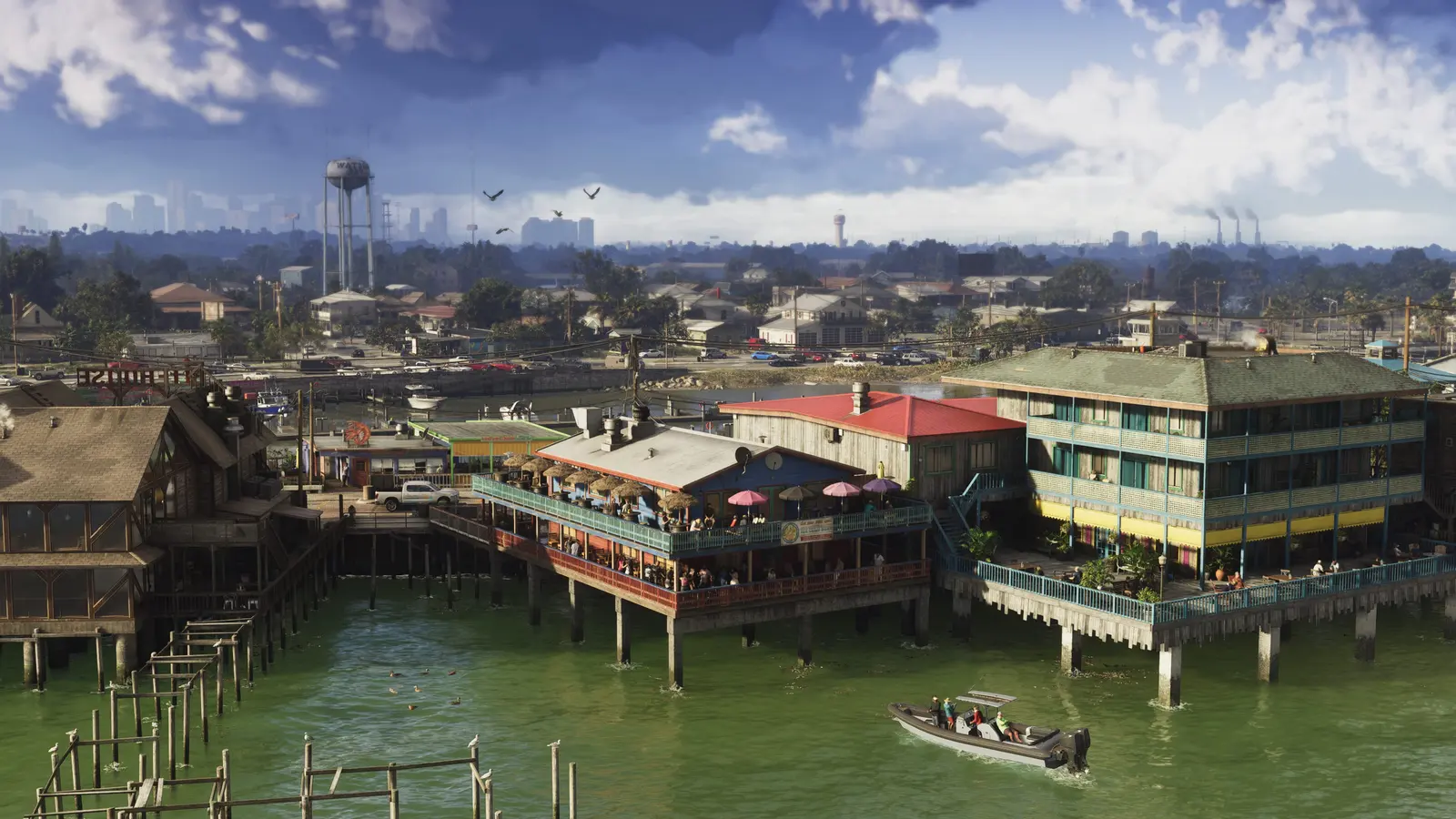 Waterfront buildings on stilts beside a marina in Grassrivers, official GTA 6 screenshot