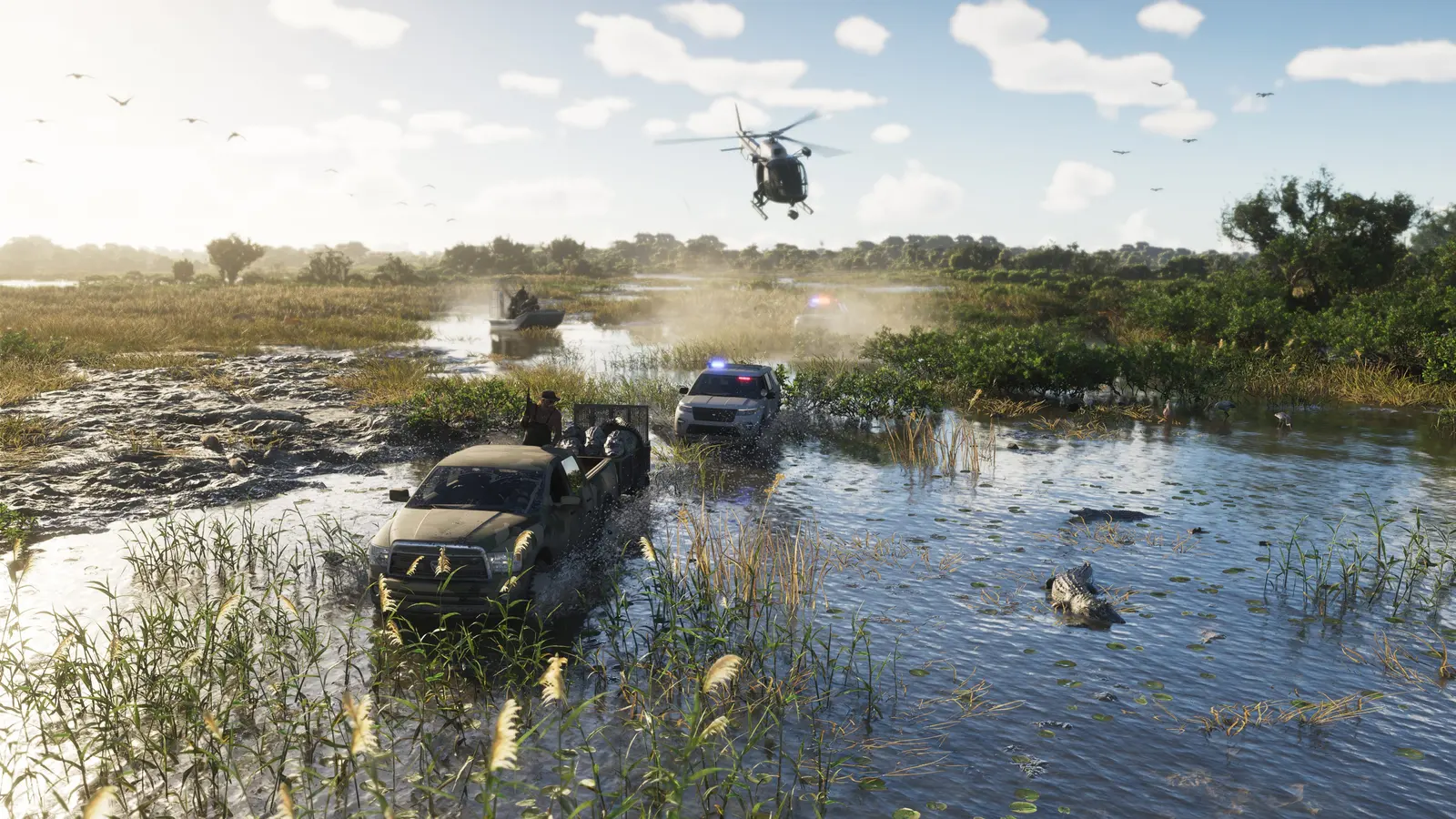 A truck chase through the wetlands with a helicopter overhead, official GTA 6 screenshot