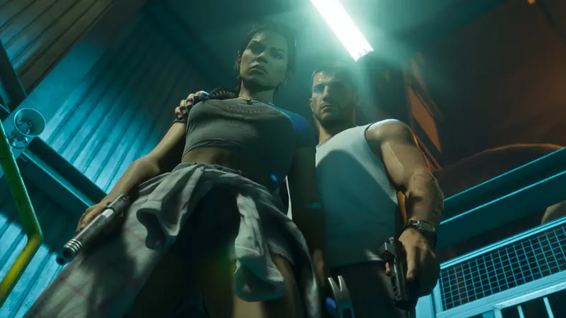 Jason and Lucia seen from below in teal light, guns in hand