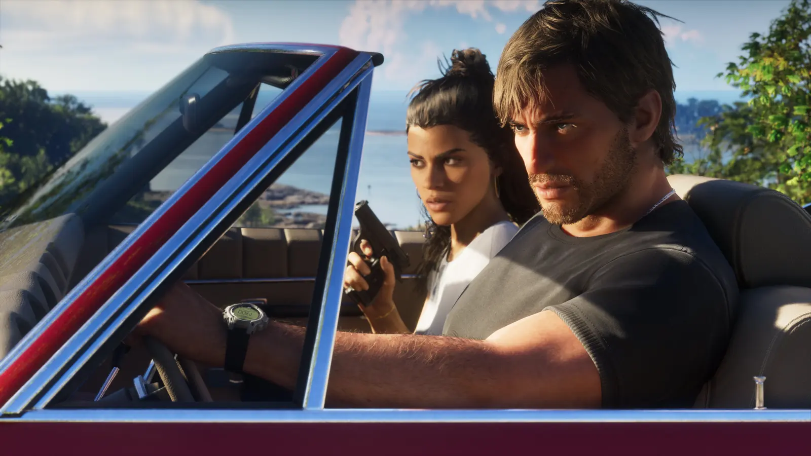 Jason and Lucia in a red convertible, official GTA 6 screenshot