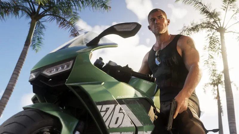 Jason Duval on a green sport bike, pistol in hand