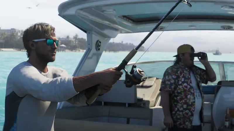 Jason fishing from a boat while Cal watches through binoculars