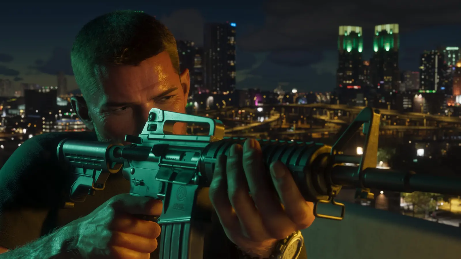 Jason Duval aiming a rifle at night with city lights behind him, official GTA 6 screenshot