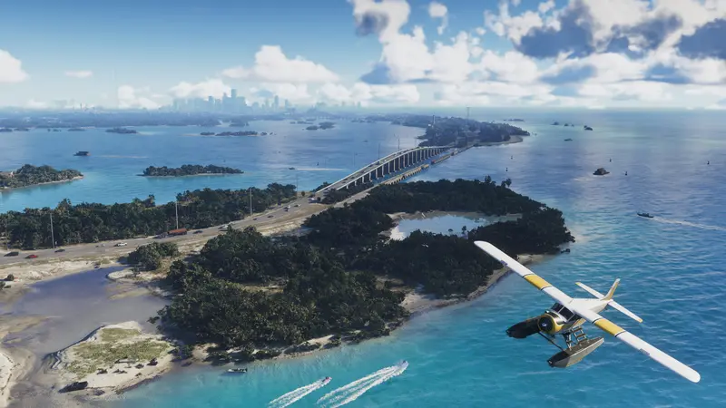 A seaplane over the islands and bridges of the Leonida Keys