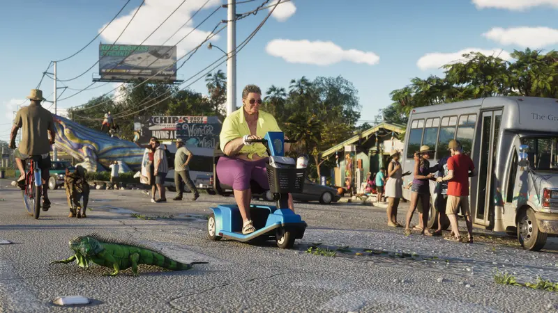 A Keys street: a mobility scooter, an iguana on the road and a bus
