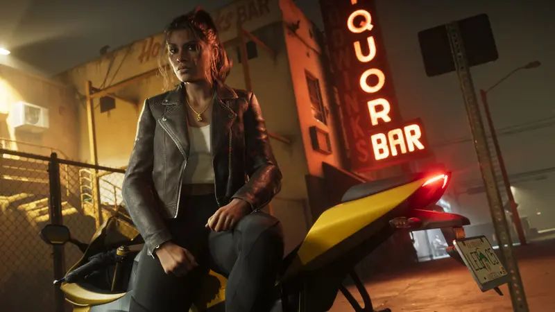 Lucia Caminos in a leather jacket on a motorcycle outside a liquor bar
