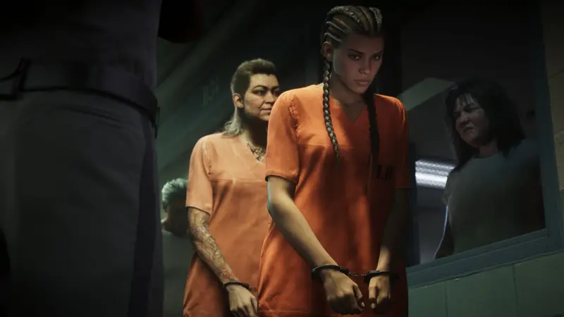 Lucia Caminos in an orange prison jumpsuit and handcuffs