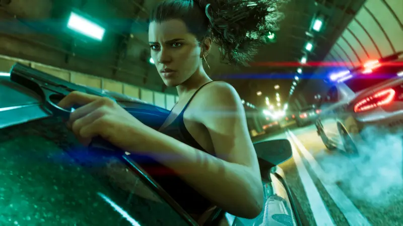 Lucia Caminos with a pistol, a police car and flashing lights behind her