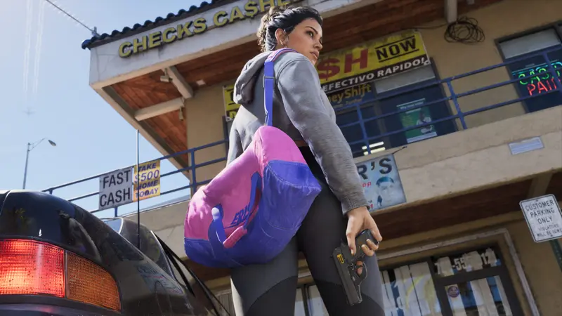 Lucia Caminos with a gym bag and pistol outside a check-cashing store