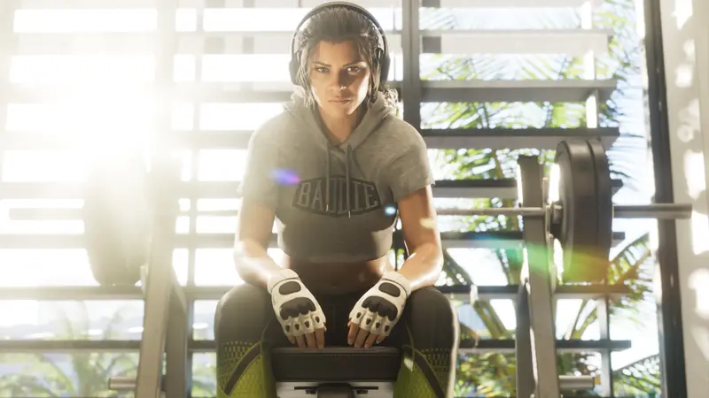 Lucia Caminos on a weight bench in a gym