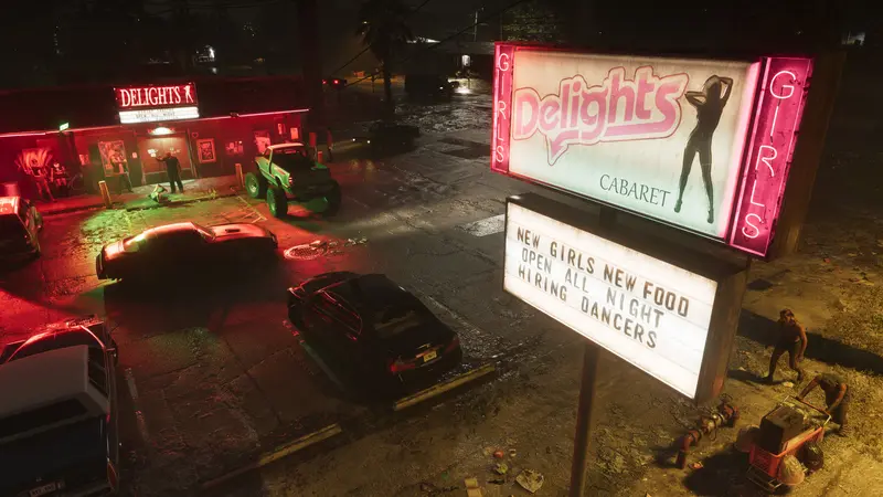 The Delights Cabaret sign at night