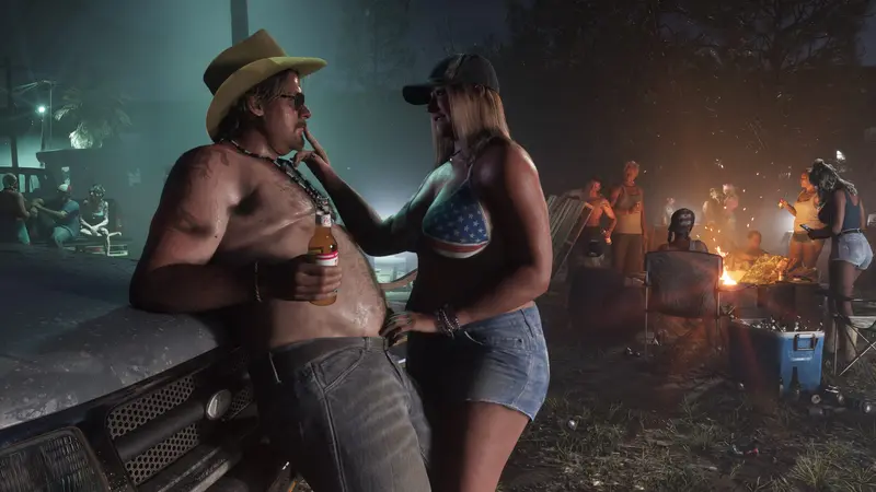 A couple at a bonfire party