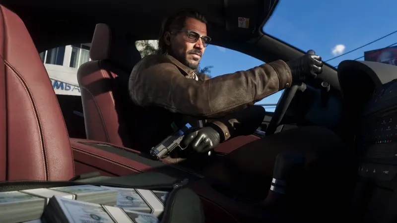 Raul Bautista drives with a pistol, stacks of cash on the seat