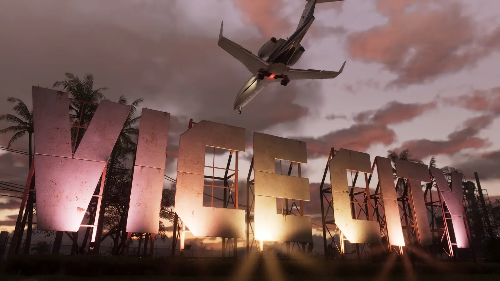 A jet flying over the giant VICE CITY sign, official GTA 6 screenshot