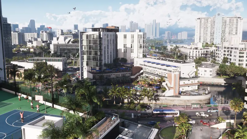 Aerial view of Vice City towers and basketball courts
