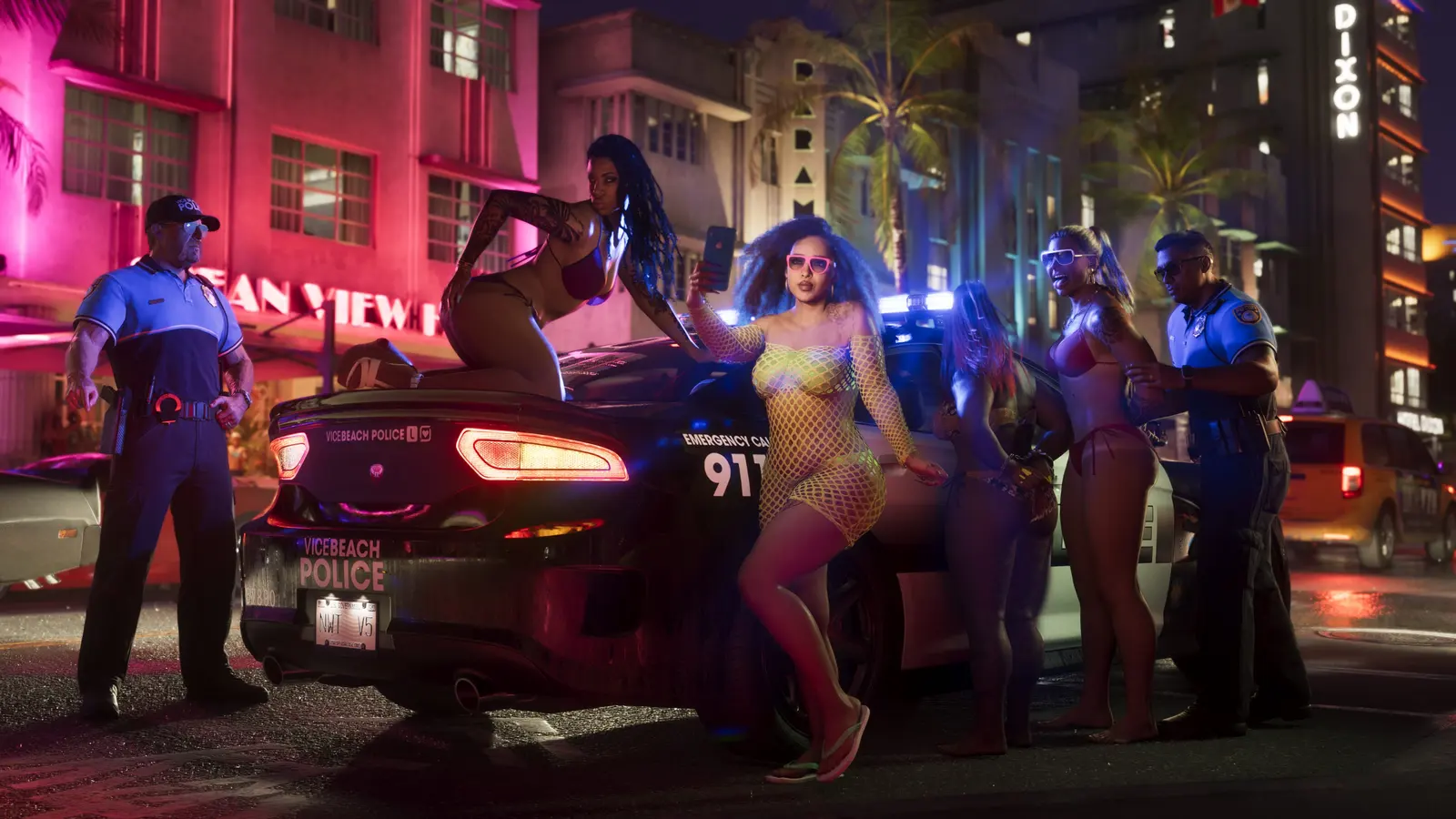 Police and partygoers outside the Ocean View Hotel at night, official GTA 6 screenshot